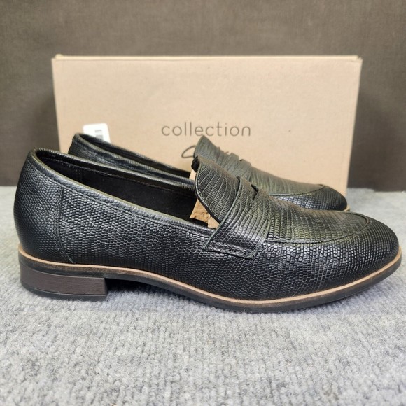 Clarks Shoes - Clarks Collection Trish Rose Women 9M Black Lizard Leather Penny Loafer Shoes